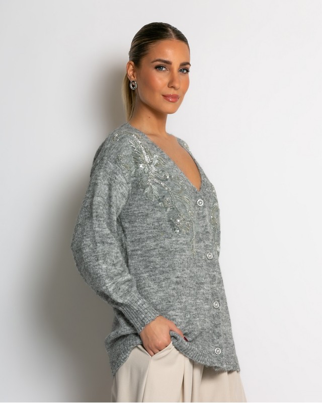 Πλεκτή ζακέτα με παγιέτες, απλικέ κέντημα και κουμπιά πέρλας γκρι ανοιχτό