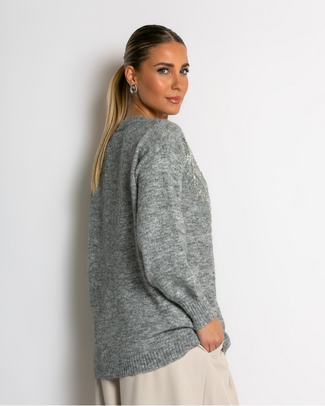 Πλεκτή ζακέτα με παγιέτες, απλικέ κέντημα και κουμπιά πέρλας γκρι ανοιχτό