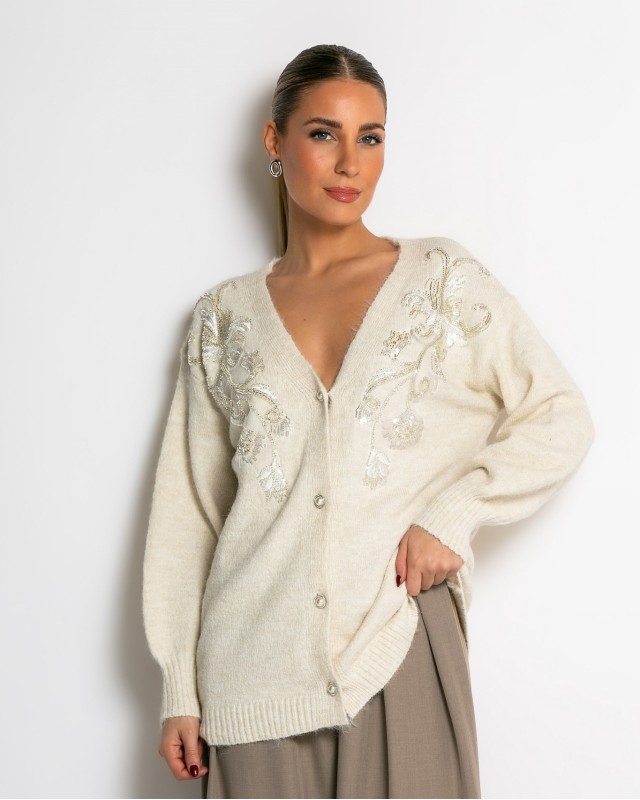 Πλεκτή ζακέτα με παγιέτες, απλικέ κέντημα και κουμπιά πέρλας εκρού