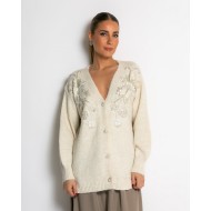 Πλεκτή ζακέτα με παγιέτες, απλικέ κέντημα και κουμπιά πέρλας εκρού