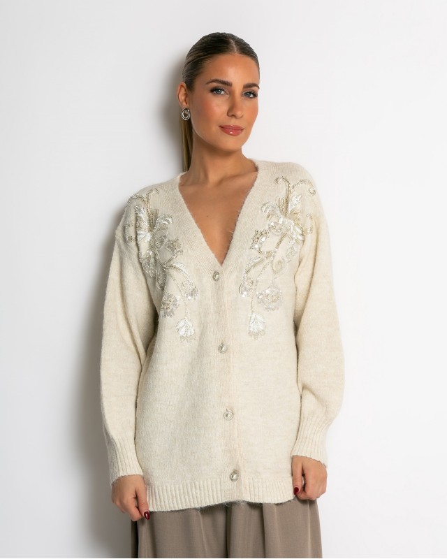 Πλεκτή ζακέτα με παγιέτες, απλικέ κέντημα και κουμπιά πέρλας εκρού