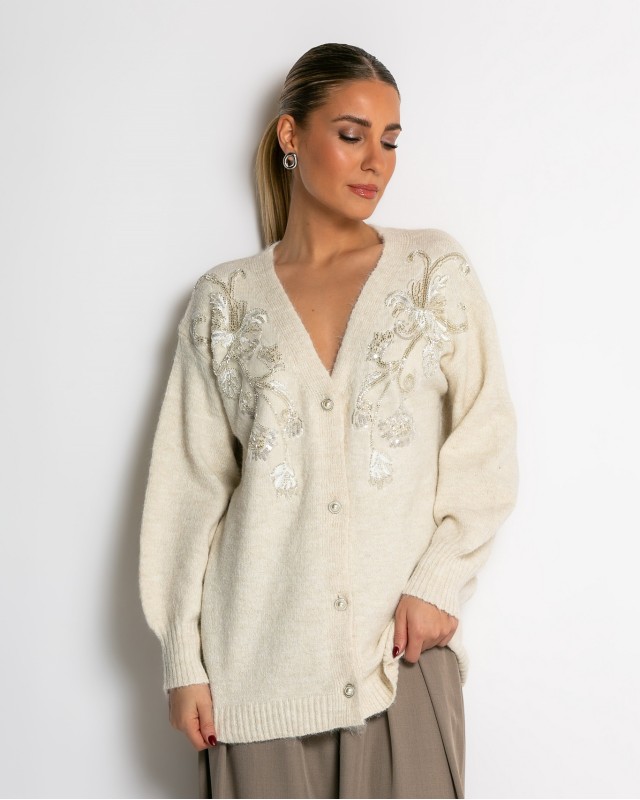 Πλεκτή ζακέτα με παγιέτες, απλικέ κέντημα και κουμπιά πέρλας εκρού