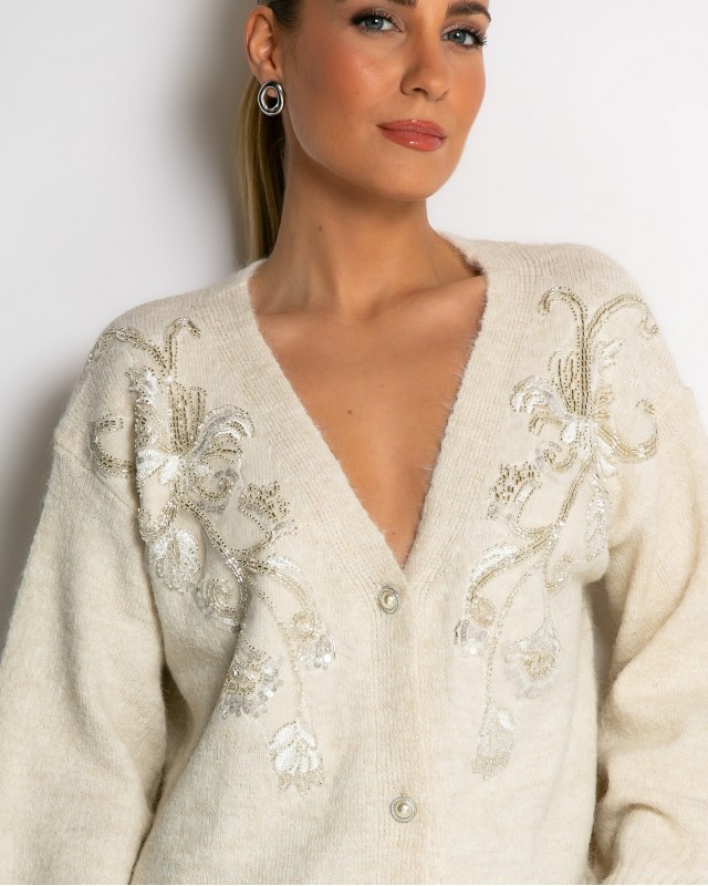 Πλεκτή ζακέτα με παγιέτες, απλικέ κέντημα και κουμπιά πέρλας εκρού