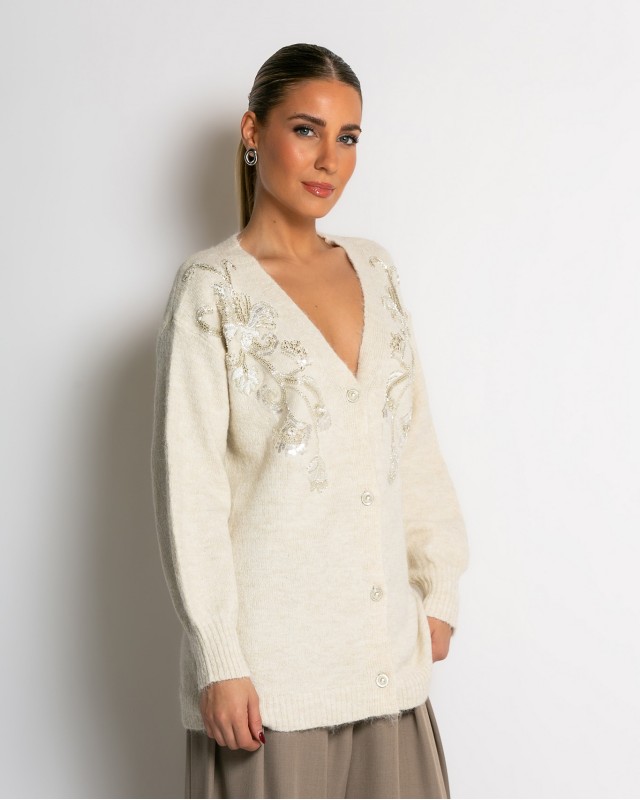 Πλεκτή ζακέτα με παγιέτες, απλικέ κέντημα και κουμπιά πέρλας εκρού