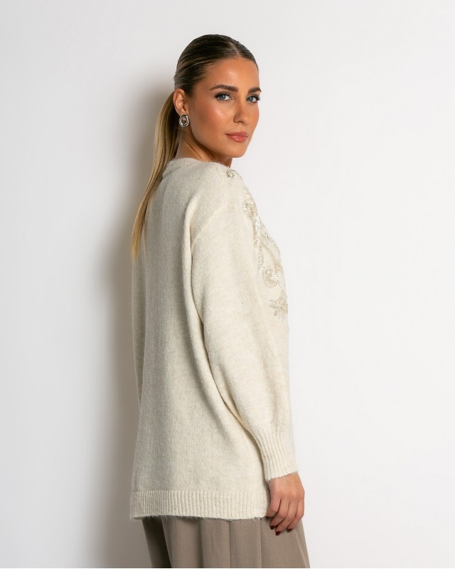 Πλεκτή ζακέτα με παγιέτες, απλικέ κέντημα και κουμπιά πέρλας εκρού