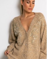 Πλεκτή ζακέτα με παγιέτες, απλικέ κέντημα και κουμπιά πέρλας μπεζ σκούρο