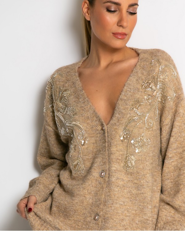 Πλεκτή ζακέτα με παγιέτες, απλικέ κέντημα και κουμπιά πέρλας γκρι ανοιχτό