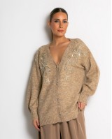 Πλεκτή ζακέτα με παγιέτες, απλικέ κέντημα και κουμπιά πέρλας μπεζ σκούρο