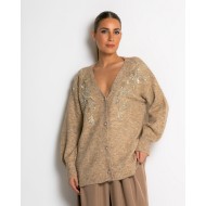 Πλεκτή ζακέτα με παγιέτες, απλικέ κέντημα και κουμπιά πέρλας μπεζ σκούρο