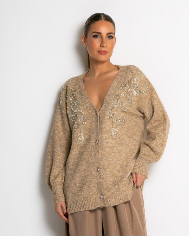 Πλεκτή ζακέτα με παγιέτες, απλικέ κέντημα και κουμπιά πέρλας μπεζ σκούρο