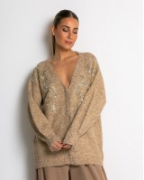 Πλεκτή ζακέτα με παγιέτες, απλικέ κέντημα και κουμπιά πέρλας μπεζ σκούρο