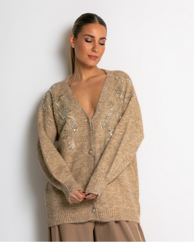 Πλεκτή ζακέτα με παγιέτες, απλικέ κέντημα και κουμπιά πέρλας μπεζ σκούρο