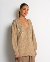 Πλεκτή ζακέτα με παγιέτες, απλικέ κέντημα και κουμπιά πέρλας μπεζ σκούρο