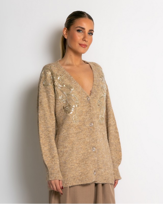 Πλεκτή ζακέτα με παγιέτες, απλικέ κέντημα και κουμπιά πέρλας μπεζ σκούρο