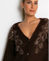 Πλεκτή ζακέτα με παγιέτες, απλικέ κέντημα και κουμπιά πέρλας καφέ