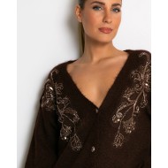 Πλεκτή ζακέτα με παγιέτες, απλικέ κέντημα και κουμπιά πέρλας καφέ