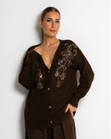 Πλεκτή ζακέτα με παγιέτες, απλικέ κέντημα και κουμπιά πέρλας καφέ