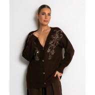 Πλεκτή ζακέτα με παγιέτες, απλικέ κέντημα και κουμπιά πέρλας καφέ