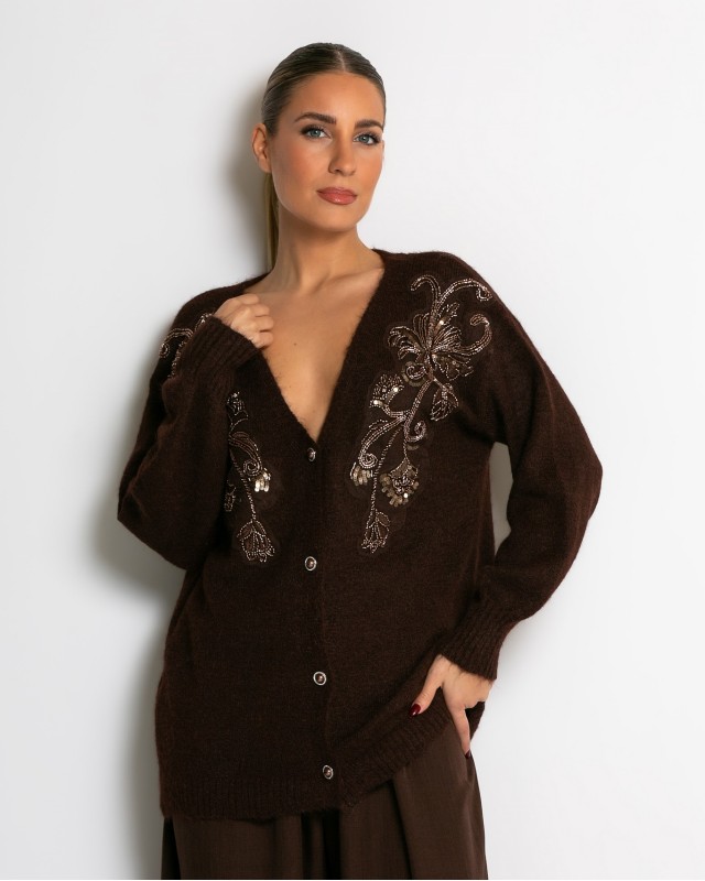 Πλεκτή ζακέτα με παγιέτες, απλικέ κέντημα και κουμπιά πέρλας καφέ