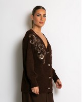 Πλεκτή ζακέτα με παγιέτες, απλικέ κέντημα και κουμπιά πέρλας καφέ