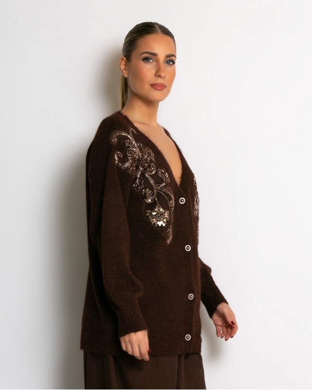 Πλεκτή ζακέτα με παγιέτες, απλικέ κέντημα και κουμπιά πέρλας καφέ