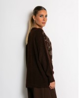 Πλεκτή ζακέτα με παγιέτες, απλικέ κέντημα και κουμπιά πέρλας καφέ