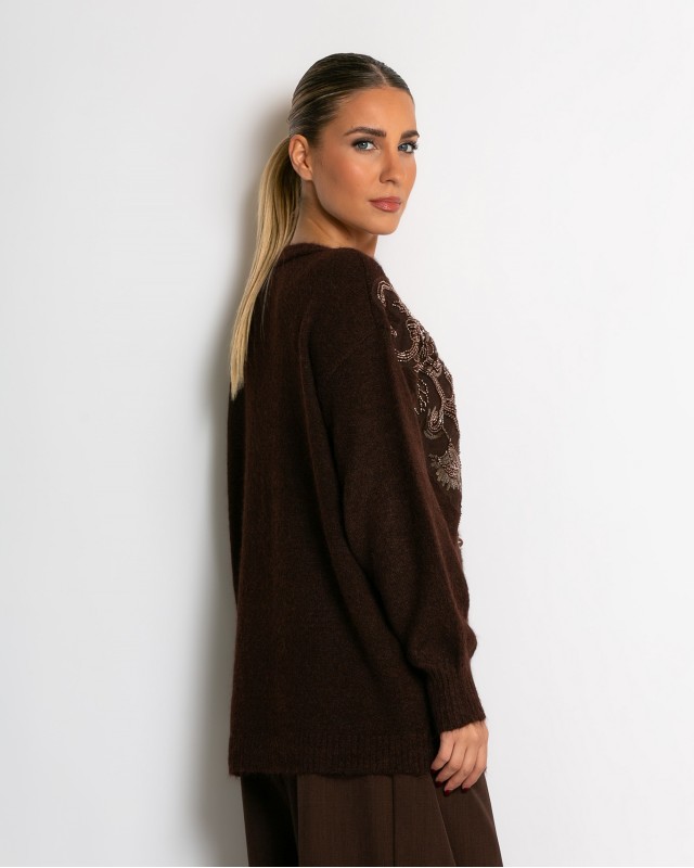 Πλεκτή ζακέτα με παγιέτες, απλικέ κέντημα και κουμπιά πέρλας καφέ