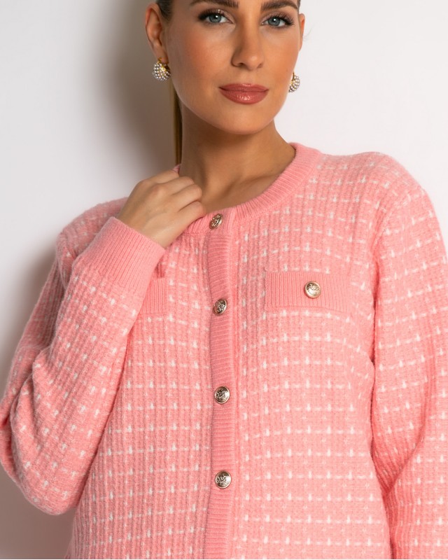 Σετ ζακέτα και παντελόνι σε πλέξη tweed ροζ