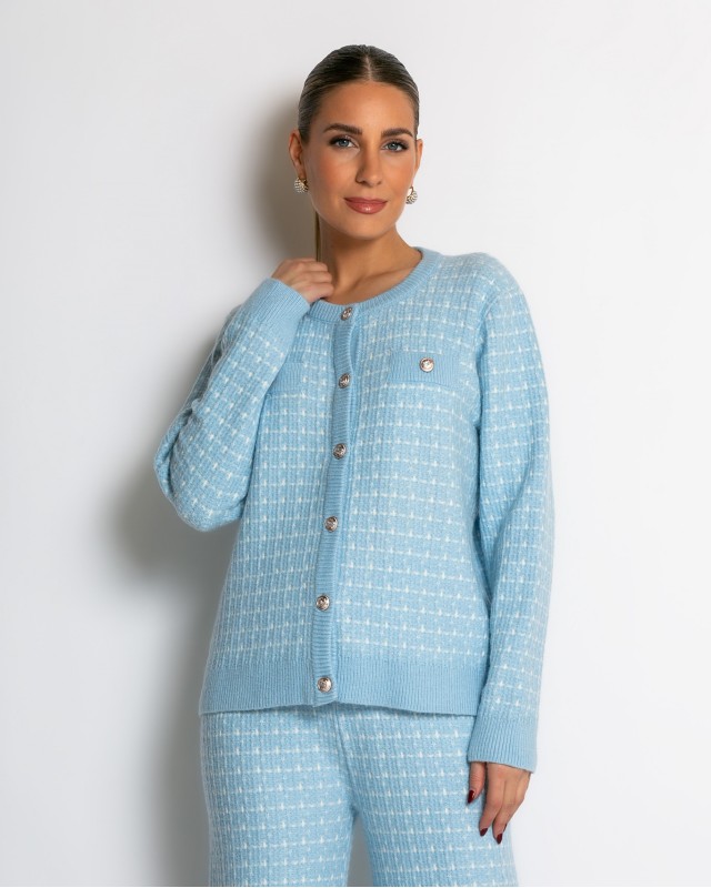 Σετ ζακέτα και παντελόνι σε πλέξη tweed γαλάζιο