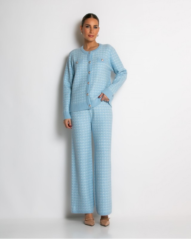 Σετ ζακέτα και παντελόνι σε πλέξη tweed γαλάζιο