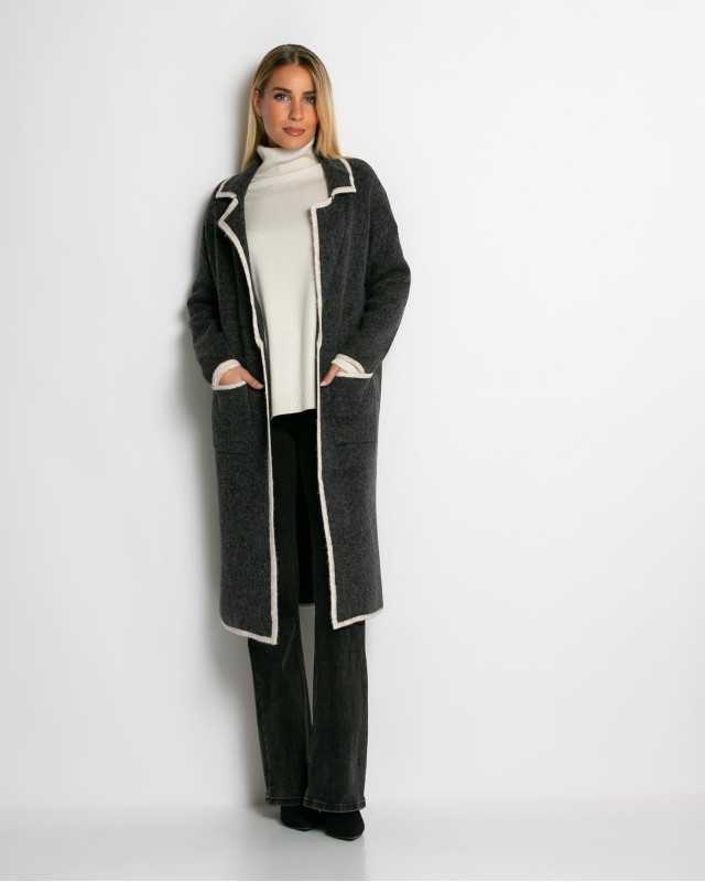 Ζακέτα μακρυά πλεκτή με εξωτερικές τσέπες ανθρακί