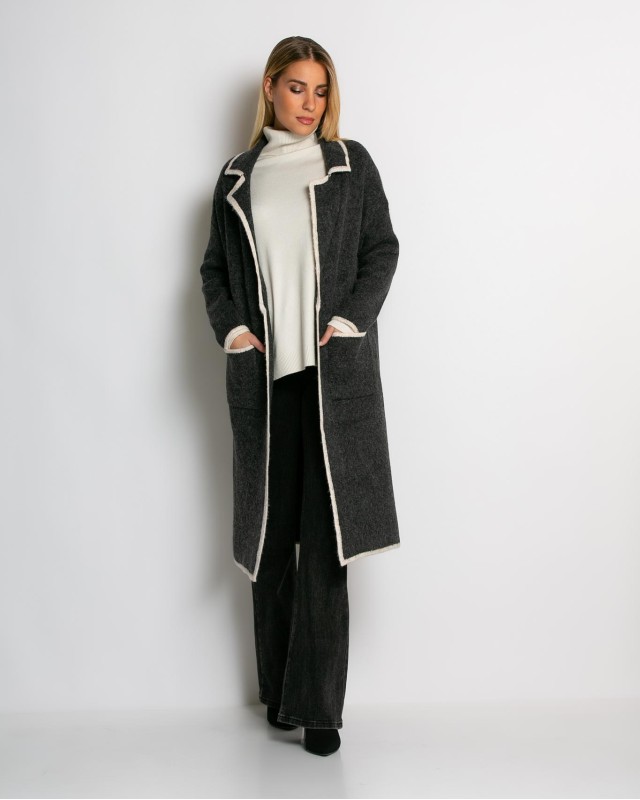 Ζακέτα μακρυά πλεκτή με εξωτερικές τσέπες ανθρακί