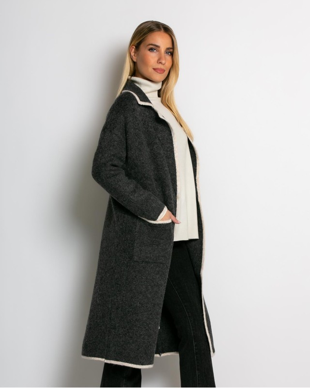 Ζακέτα μακρυά πλεκτή με εξωτερικές τσέπες ανθρακί