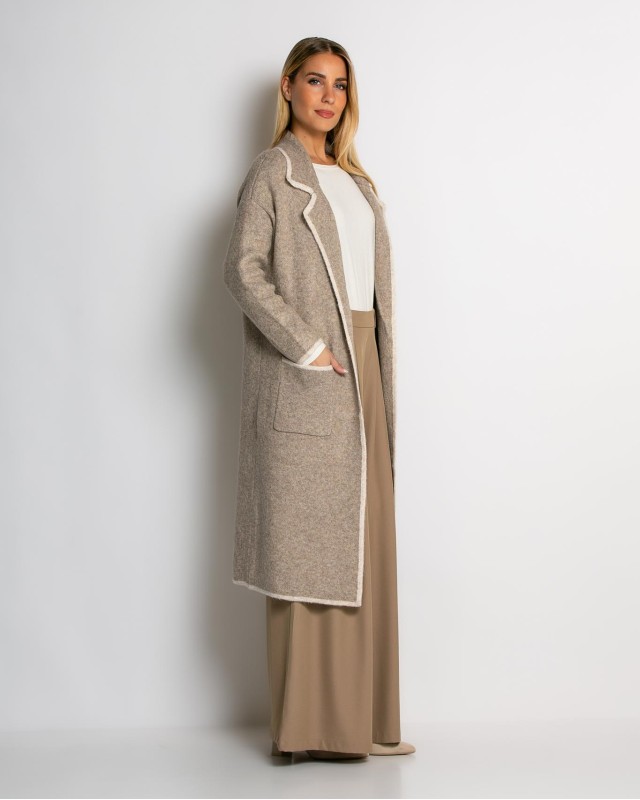 Ζακέτα μακρυά πλεκτή με εξωτερικές τσέπες μπεζ