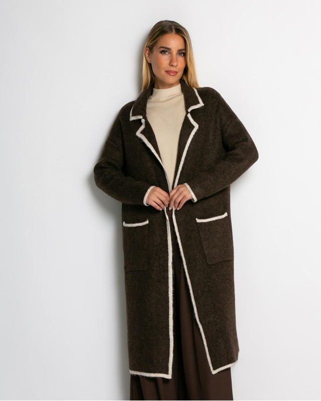 Ζακέτα μακρυά πλεκτή με εξωτερικές τσέπες καφέ