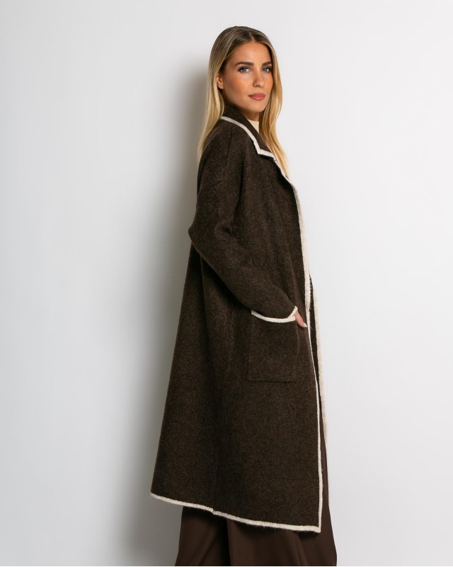 Ζακέτα μακρυά πλεκτή με εξωτερικές τσέπες καφέ