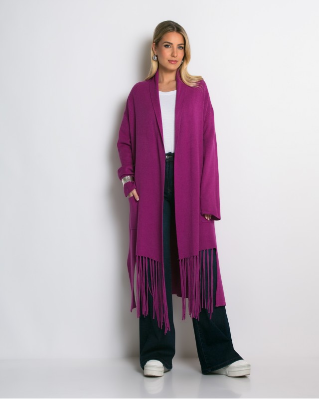 Ζακέτα μακριά με κρόσσια & πλαϊνές τσέπες magenta