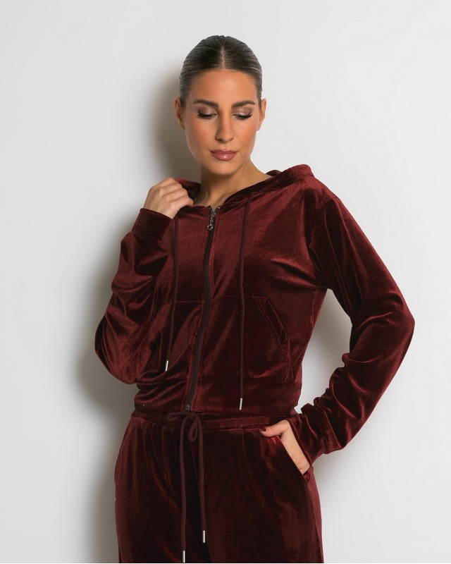 Σετ ζακέτα με κουκούλα και παντελόνι βελουτέ cherry