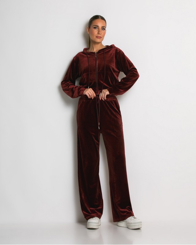 Σετ ζακέτα με κουκούλα και παντελόνι βελουτέ cherry