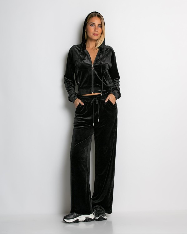 Σετ ζακέτα με κουκούλα και παντελόνι βελουτέ μαύρο