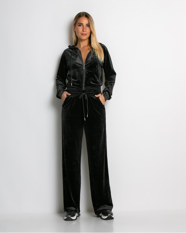 Σετ ζακέτα με κουκούλα και παντελόνι βελουτέ μαύρο