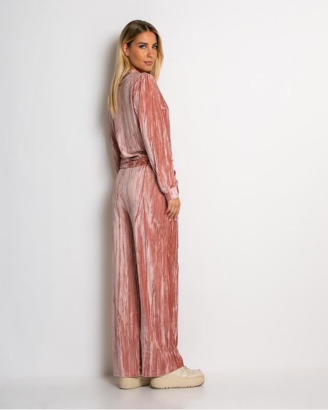 Σετ ζακέτα και παντελόνι βελουτέ ροζ