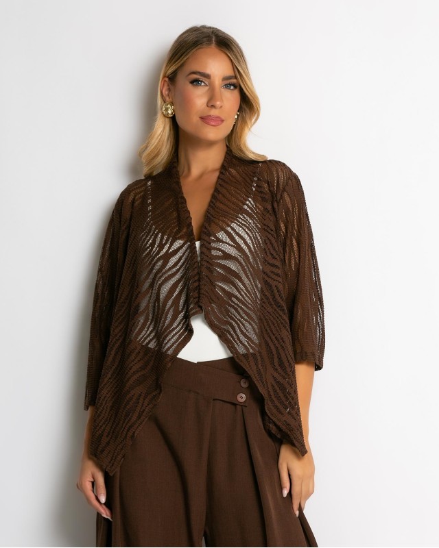 Ζακέτα πλεκτή διάτρητη ασύμμετρη καφέ