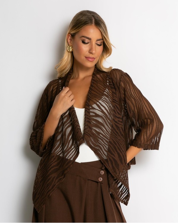Ζακέτα πλεκτή διάτρητη ασύμμετρη καφέ