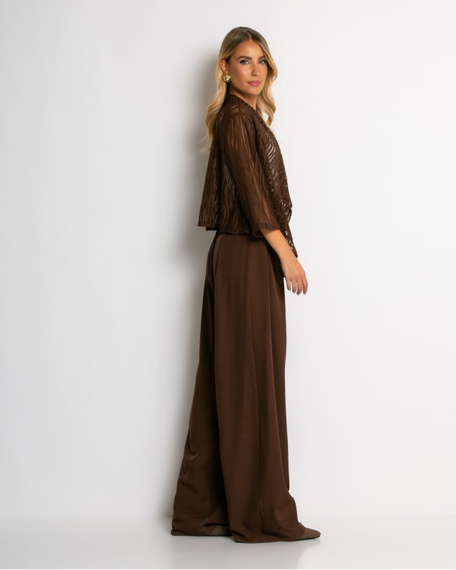 Ζακέτα πλεκτή διάτρητη ασύμμετρη καφέ