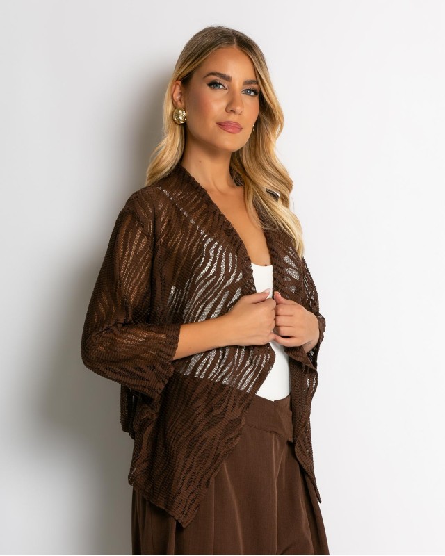 Ζακέτα πλεκτή διάτρητη ασύμμετρη καφέ