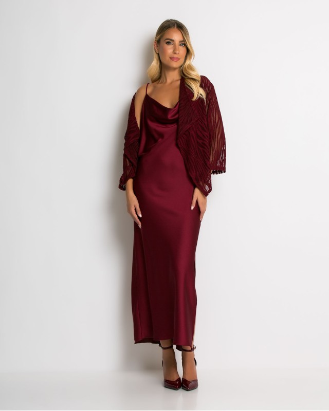 Ζακέτα πλεκτή διάτρητη ασύμμετρη μπορντώ