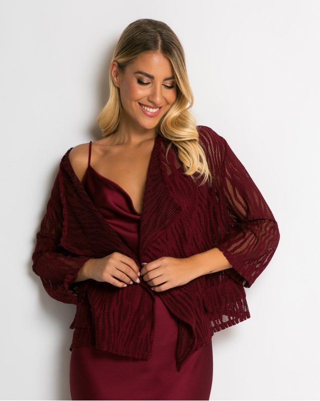 Ζακέτα πλεκτή διάτρητη ασύμμετρη μπορντώ