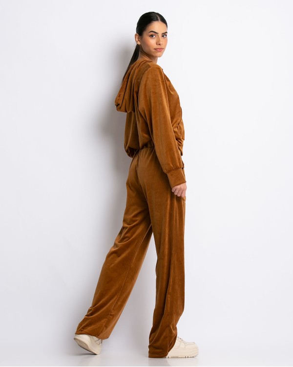 Σετ βελουτέ ζακέτα με κουκούλα και παντελόνα κάμελ