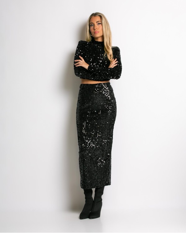 Φούστα midi ψηλόμεση με παγιέτα μαύρο